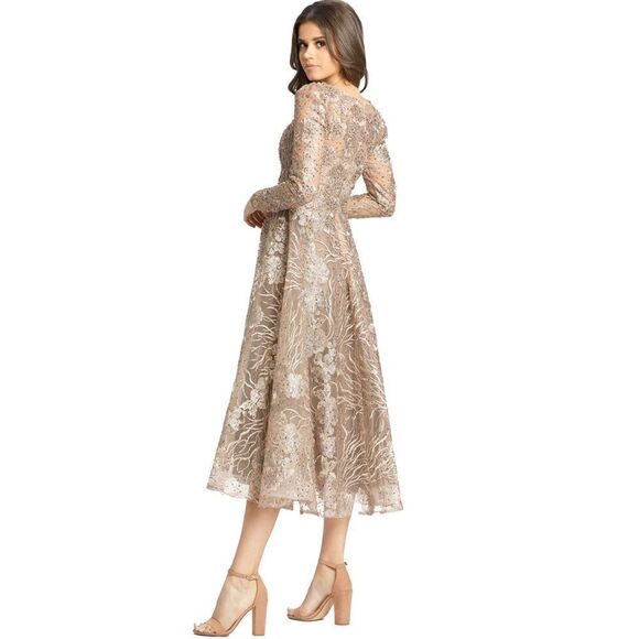 Mac Duggal Metallic Lace Midi Dress in Gold - Picture 2 of 9